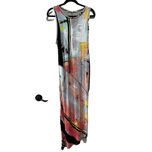 Rachel Roy jersey Asymmetrical handkerchief maxi dress abstract colorful Size-M - Picture 2 of 8